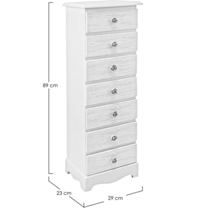 Cassettiera BLANC in legno bianco e 7 cassetti effetto decapato, 29x23x89 cm