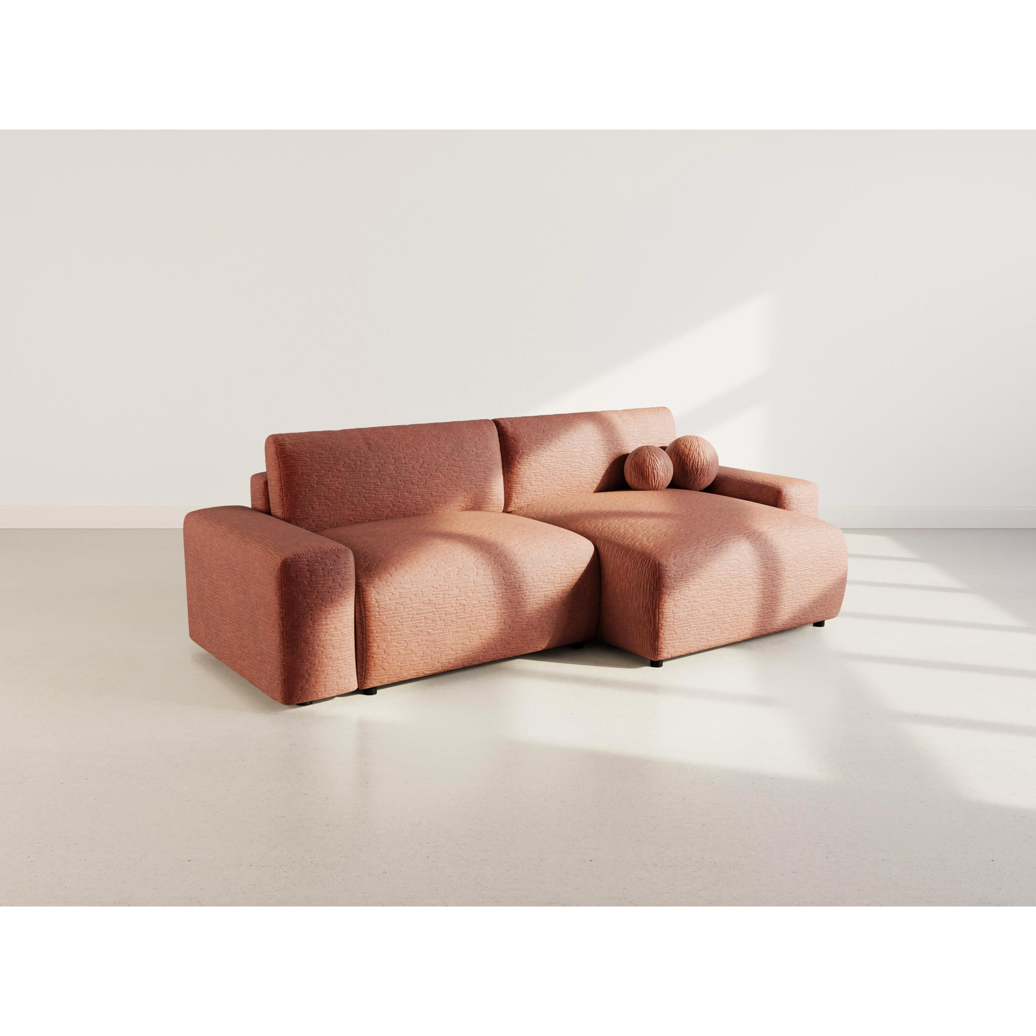 Constance - Canapé d'angle réversible 4 places convertible avec coffre en velours gaufré - Terracotta
