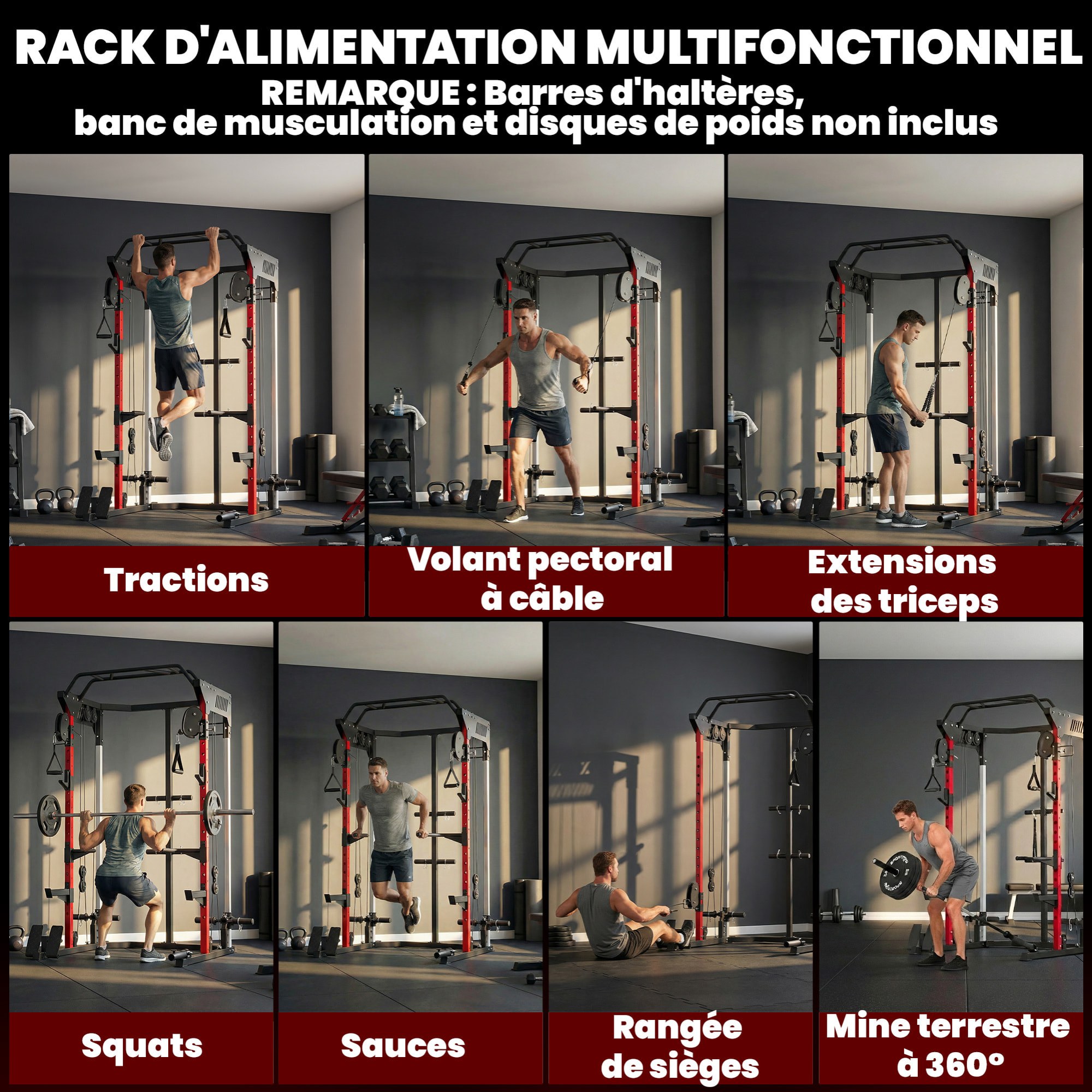 Station de musculation - power rack 900kg double poulie réglable 19 niveaux - acier - 168x128x215cm -noir