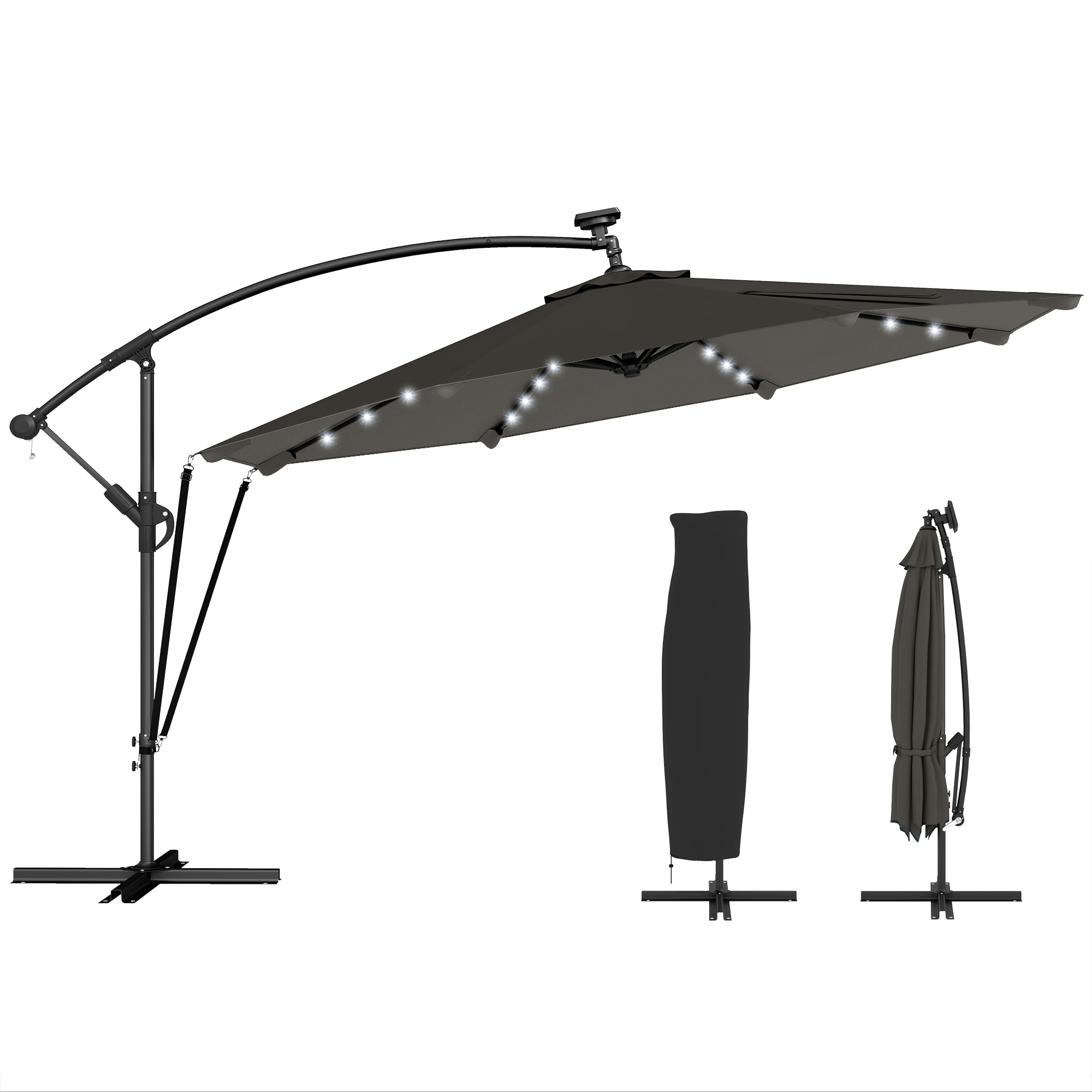 Parasol Excéntrico con Luces LED Solares, Ø345 cm, Sombrilla de Jardín de Aluminio con Base Cruzada, Manivela, Funda Protectora, Cuerdas de Viento, UPF50+, para Terraza, Patio, Gris Oscuro