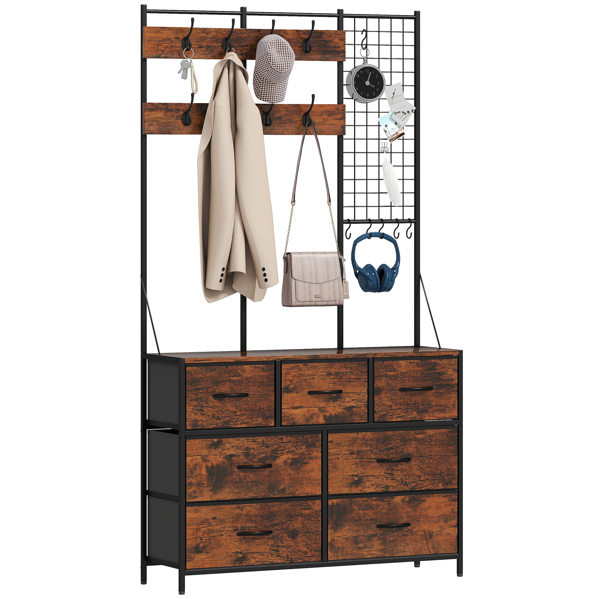 Perchero Zapatero 4 en 1 Perchero Entrada Recibidor con Zapatero 14 Ganchos 7 Cajones de Tela y Estante Estilo Industrial para Pasillo Dormitorio Salón 100x30x183 cm Marrón Rústico