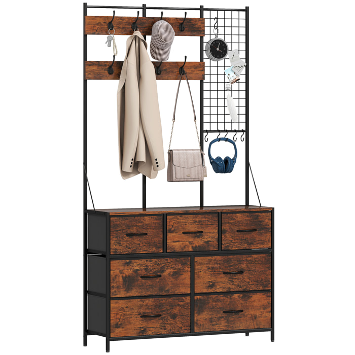 Perchero Zapatero 4 en 1 Perchero Entrada Recibidor con Zapatero 14 Ganchos 7 Cajones de Tela y Estante Estilo Industrial para Pasillo Dormitorio Salón 100x30x183 cm Marrón Rústico