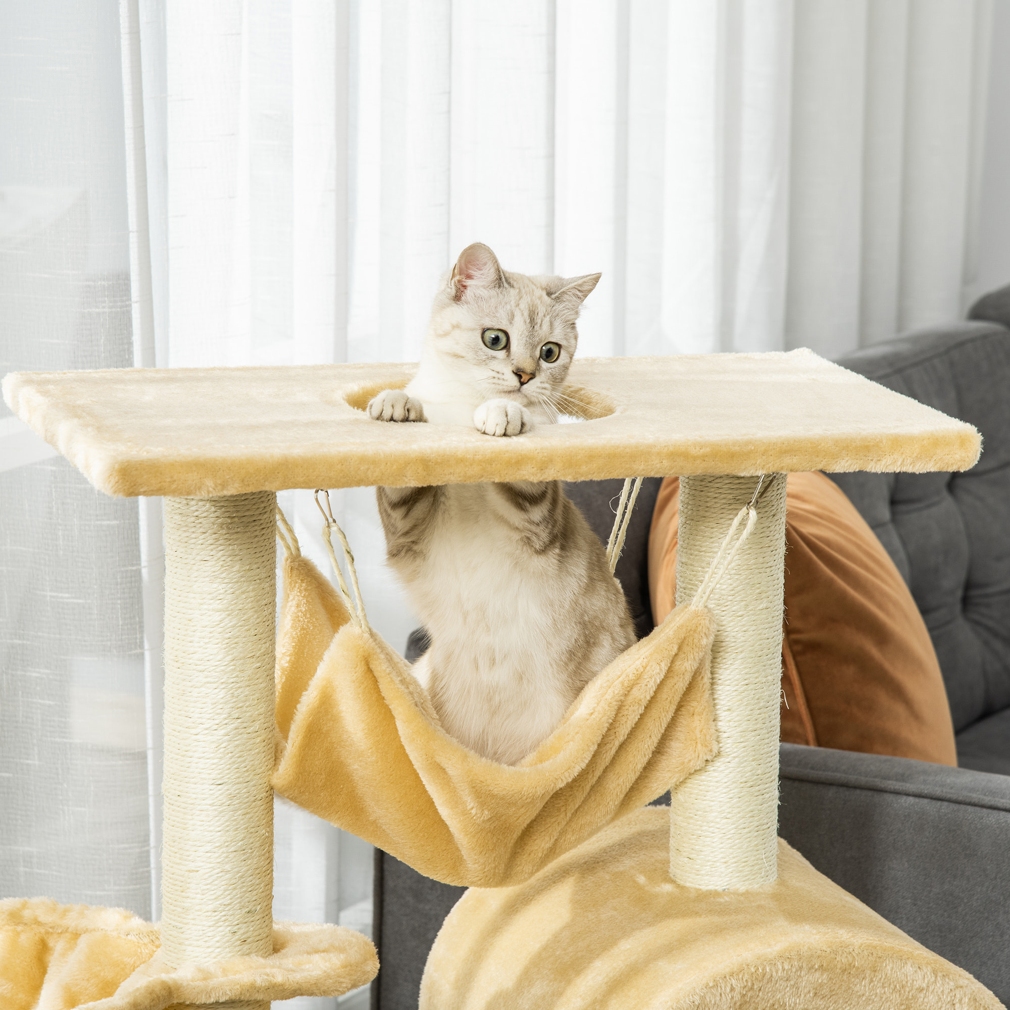 árbol Rascador para Gatos 98 cm con Cueva Hamaca Escalera Postes de Sisal Beige