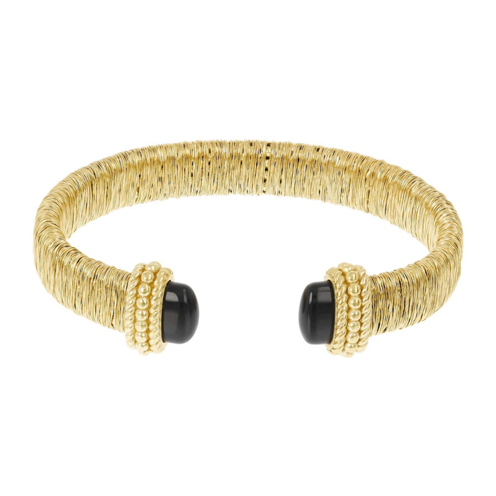 Bracciale Rigido Large Filo Avvolto in Argento 925 placcato Oro Giallo 18Kt con Agata Nera