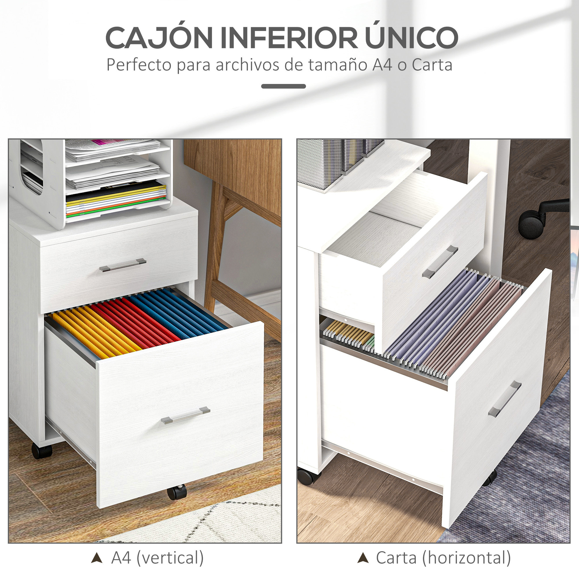 Cajonera de Escritorio con 2 Cajones, Cajonera de Oficina con Ruedas, Archivador Móvil, para Archivos A4 o Cartas, para Estudio, Salón, 39,5x39x58,5 cm, Blanco