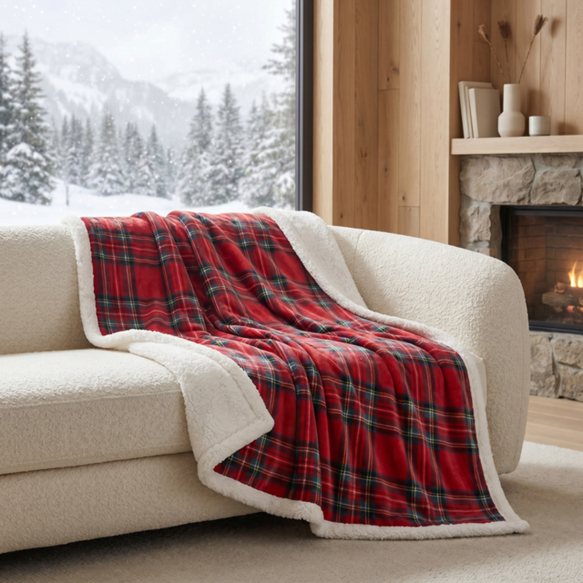 Coperta in Pile con Interno Sherpa Effetto Agnellino, Plaid Morbido e Caldo con Fantasia Tartan Scozzese, Ideale per Divano e Letto
