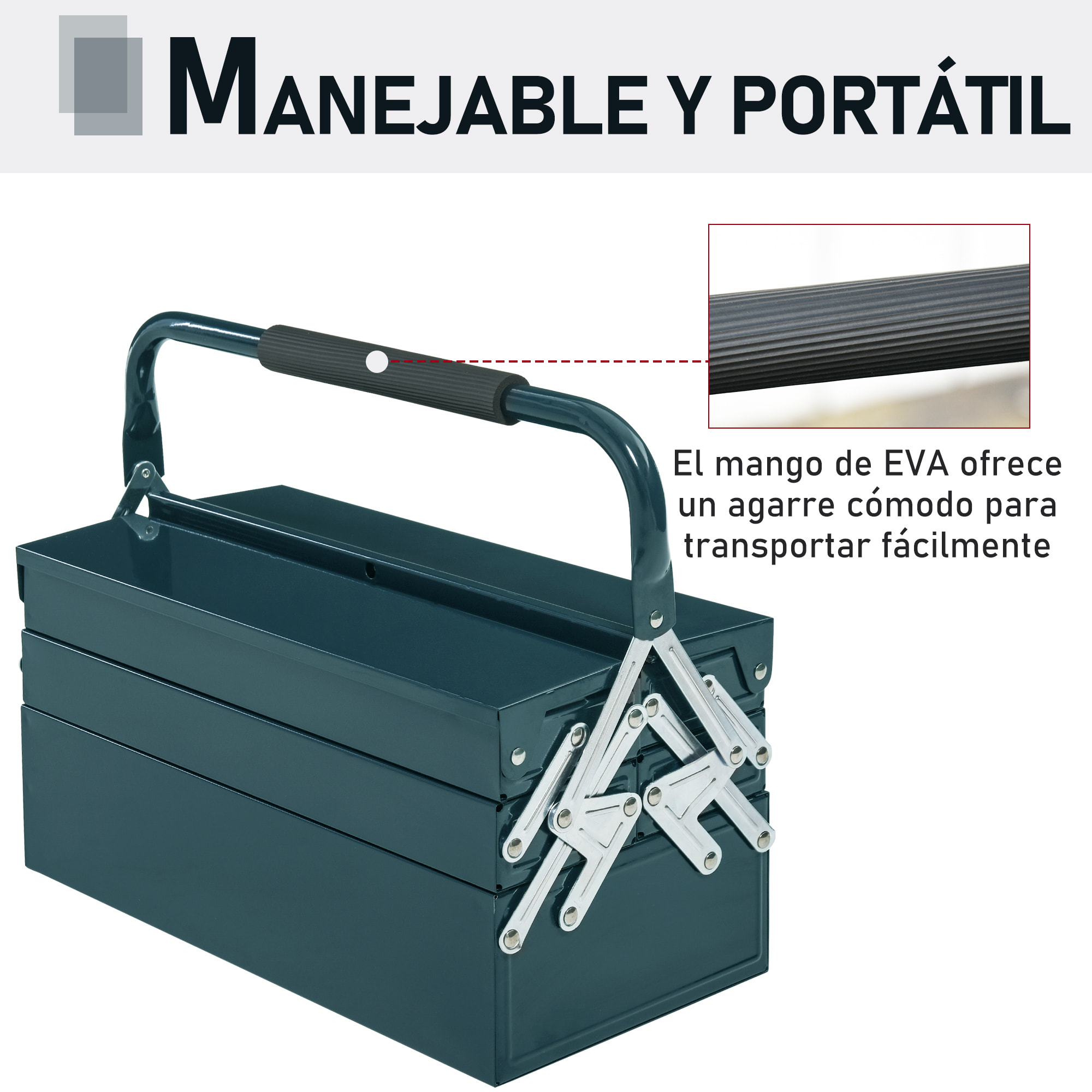 Caja de Herramientas Metálica, Maletín de Herramientas de Acero Plegable con 5 Bandejas y Asa, para Taller, Garaje, 45x20x34,5 cm, Verde Oscuro
