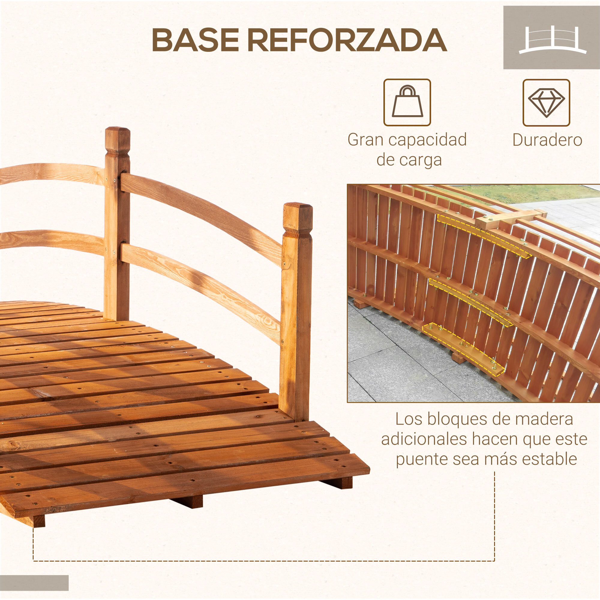 Puente de Arco de Madera 185x72x58 cm con Pasamanos Puente de Jardín para Decoración Patio Carga 200 kg Natural
