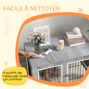 Cage pour chien sur pied - 2 portes verrouillables, coussin déhoussable inclus - acier filaire noir panneaux aspect bois gris