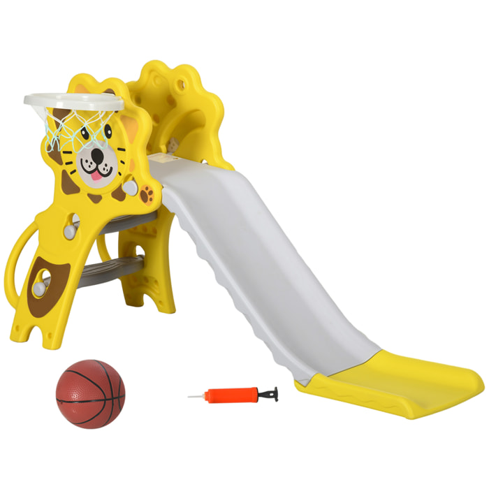 Tobogán Infantil 2 en 1 Tobogán para Niños de 18 a 36 Meses con 2 Escaleras 1 Canasta de Baloncesto y Patrón de León para Interior 131x50x74 cm Amarillo y Gris