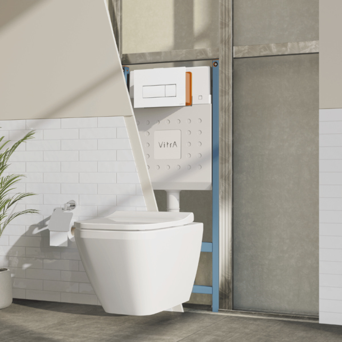 Pack WC suspendu VITRA Sento blanc + bâti autoportant V-Fix Core + Plaque Round Blanche
