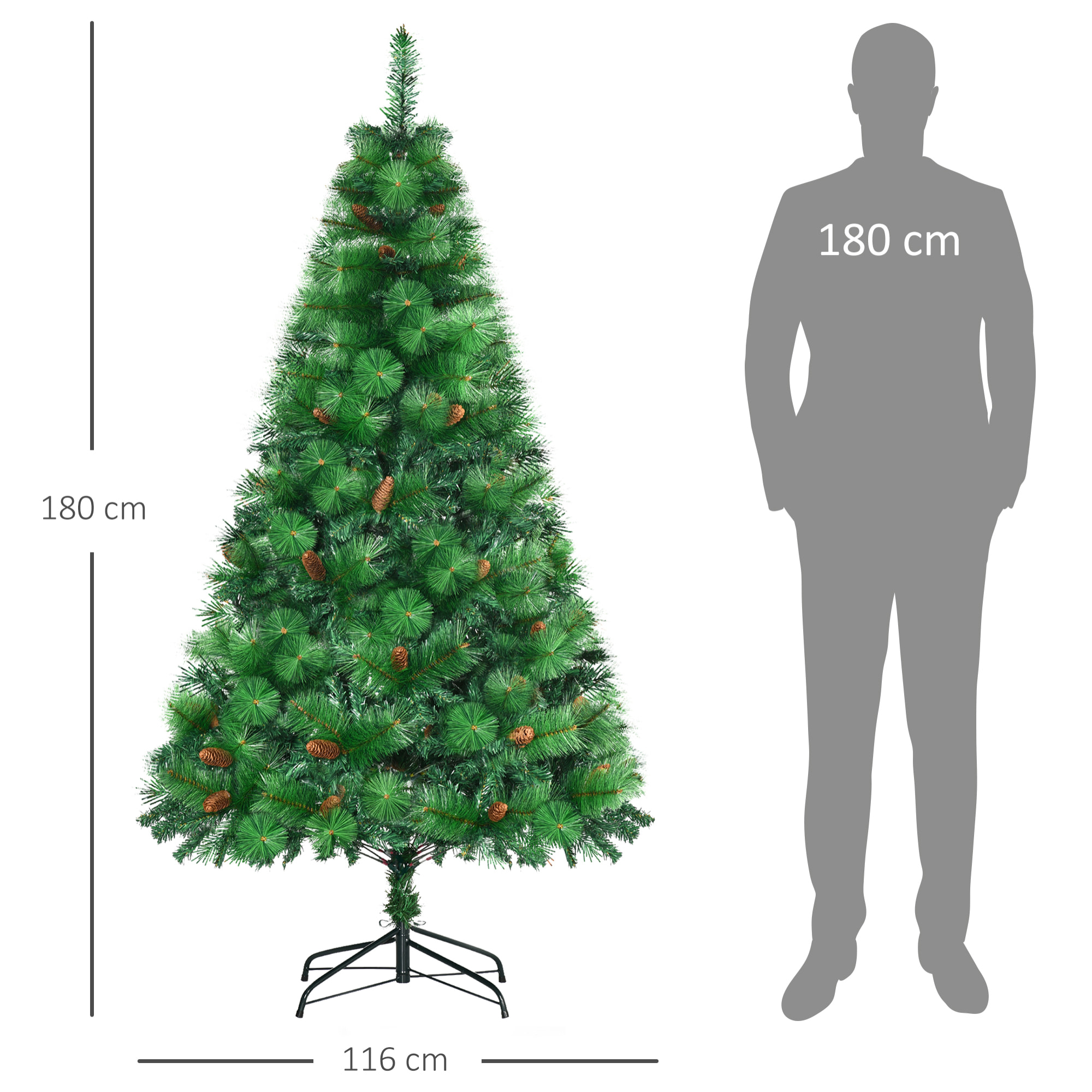 Sapin de Noël artificiel 782 branches épines grand réalisme avec pommes de pin - hauteur 180 cm vert