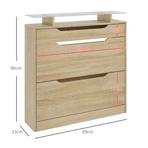 Armoire à chaussures avec 2 tiroirs rabattables + 1 tiroir coulissant + 1 comptoir et 1 plateau en verre étagère réglable sur 2 niveaux 89 x 23 x 96 cm effet bois