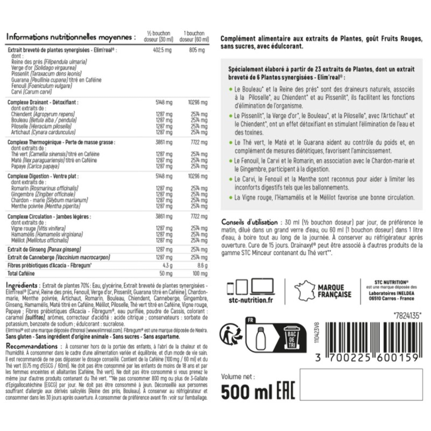 STC NUTRITION - Drainaxyl 500 - 4 actions : Brûle-graisses, Digestion ventre plat, Circulation jambes légères, Drainant, Détoxifiant - Goût Fruits Rouges - 23 Extraits de plantes dont Elim'Real® - 500ml