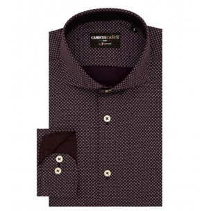 Camicia Uomo 1 Bottone Francese Slim Cotone Poliestere Stampato Rosso Bordeaux/Bianco