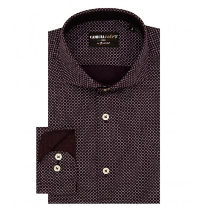 Camicia Uomo 1 Bottone Francese Slim Cotone Poliestere Stampato Rosso Bordeaux/Bianco