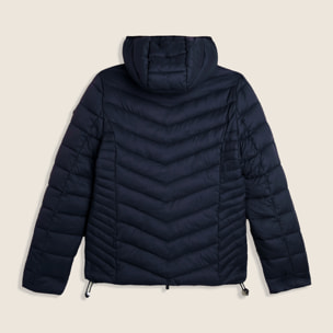 Piumino donna con cappuccio bordato e finitura lucida