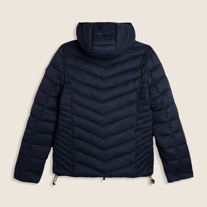 Piumino donna con cappuccio bordato e finitura lucida