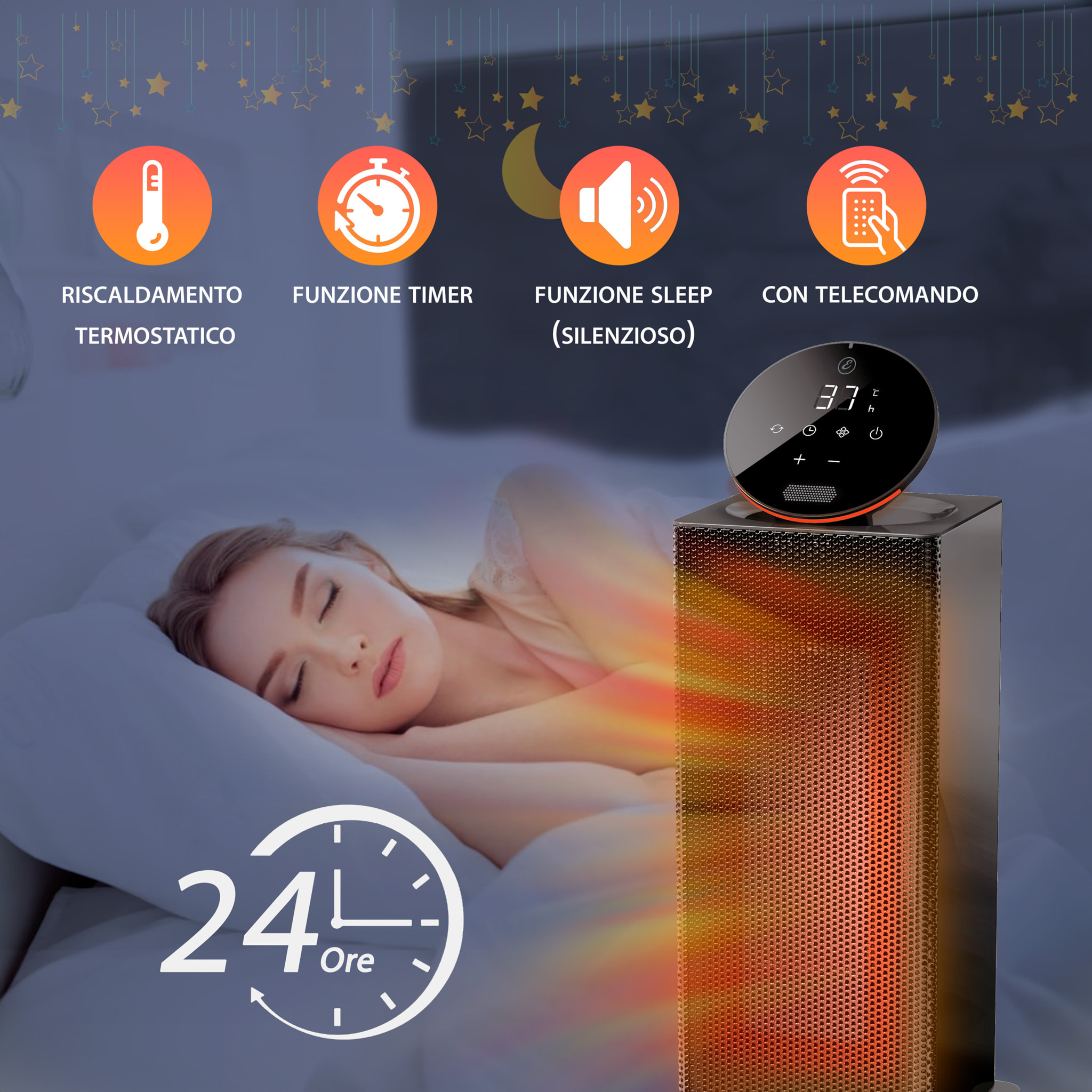 Termoventilatore Ceramico 2000w Basso Consumo Stufa Elettrica Regolabile Timer Oscillazione 90° 3 Modalità Protezione Surriscaldamento Ribaltamento