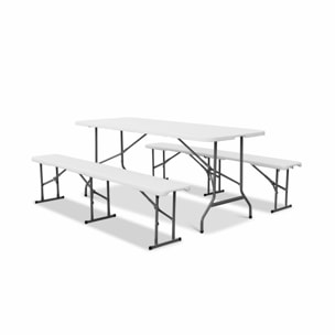 Set de table et bancs de réception. 180cm. pliables. avec poignée de transport. plastique blanc. table de camping