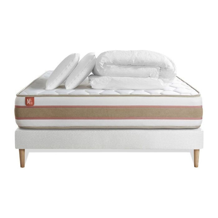 Pack Matelas Le Délicat - 26cm - Ressorts ensachés et mémoire de forme - Technologie hybride, fabrication responsable. - Sommier kit Blanc - Avec couette et oreillers