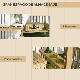 Carrito de Madera de Bar Carro de Servicio de 2 Niveles con Asa Lateral 3 Portabotellas y 2 Ruedas para Jardín Patio Terraza 95x47x74 cm Natural