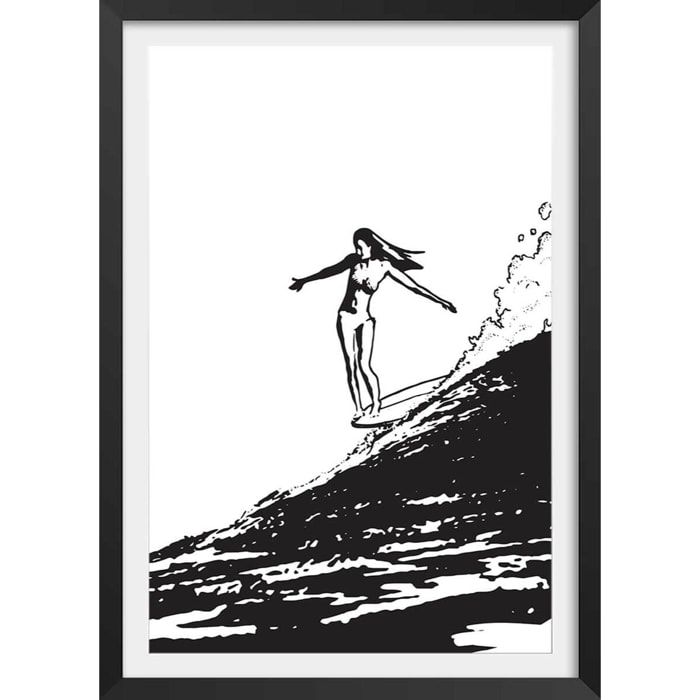 Poster surfeuse longboard Affiche + cadre en bois - Noir