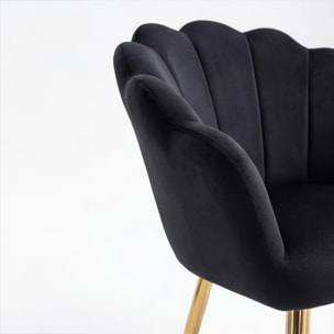 Poltrona in velluto design a conchiglia elegante e moderna, seduta imbottita confortevole con base in legno e gambe in metallo dorato, poltroncina versatile per soggiorno, camera o ufficio, stabile e resistente fino a 100 kg, stile raffinato e decorativo