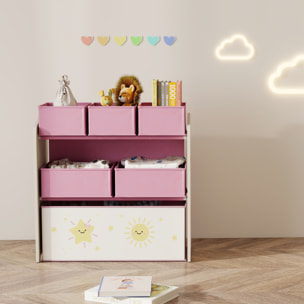 Étagère de rangement enfant design étoile soleil - 6 tiroirs en tissu - MDF - rose