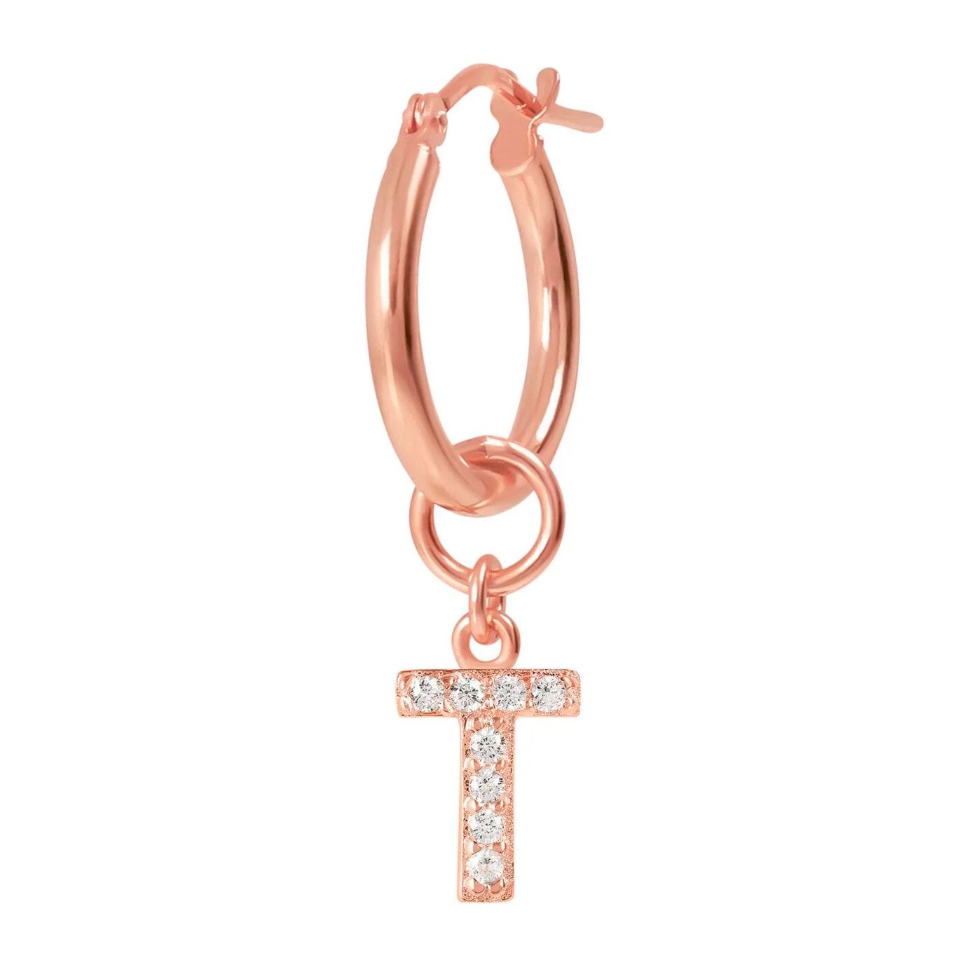 Orecchino a Cerchio con Ciondolo Lettera T in Pavé di Cubic Zirconia Blu