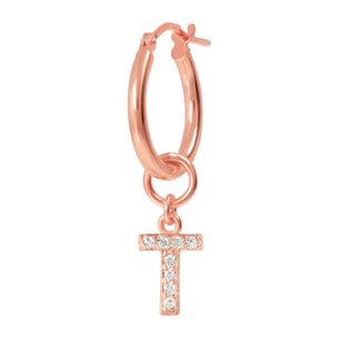 Orecchino a Cerchio con Ciondolo Lettera T in Pavé di Cubic Zirconia Blu