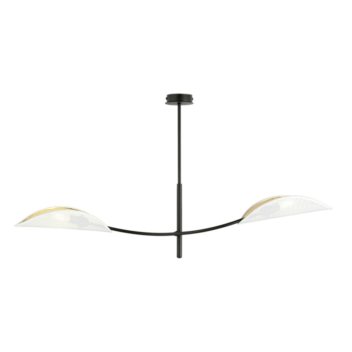 Lampada a sospensione Lotus in acciaio nero con paralumi bianco e oro