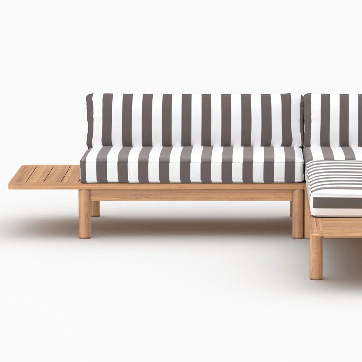 Canapé d'angle de jardin, teck massif et coussins rayés gris 4 places - Nadila