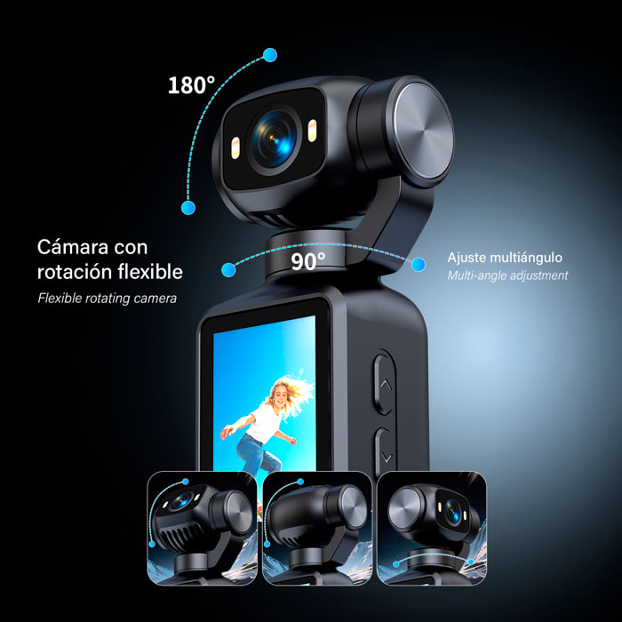 Cámara deportiva LK-032 de 48MPX con giro 180°, pantalla HD 1,97” ideal para fotos y vídeos en FHD, con grabación en ciclo y linterna. Incluye trípode y lanyard de muñeca.