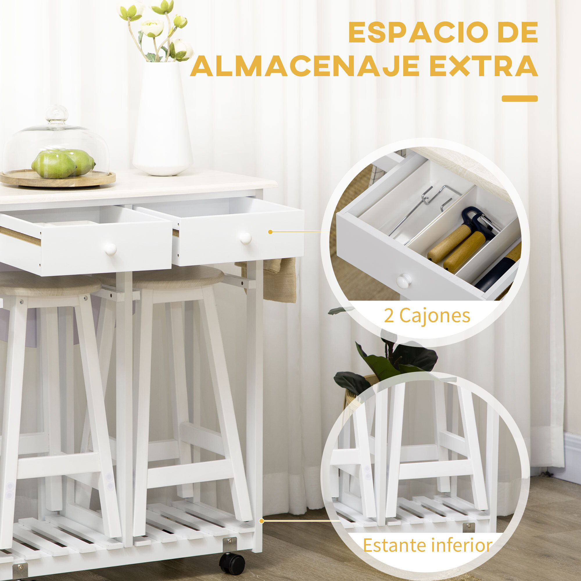 HOMCOM Carrito de Cocina de Madera 3 Piezas con 2 Taburetes Juego de Mesa de Bar con Ruedas Ala Abatible 2 Cajones Barras para Colgar y Estante de Almacenaje 87x74x86 cm Blanco