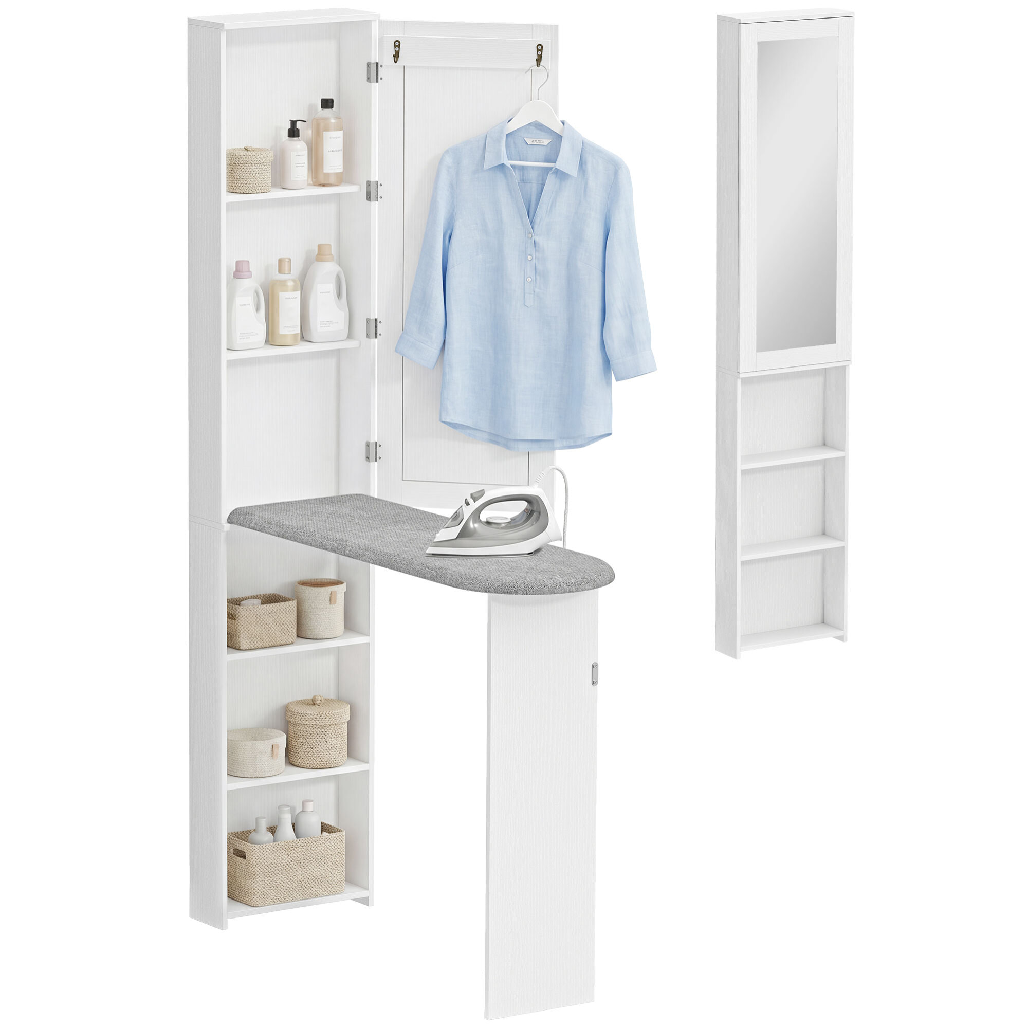 Mueble de Plancha con Espejo, Tabla de Planchar Plegable, Mueble Planchador con 6 Compartimentos, 2 Ganchos, para Espacios Reducidos, 107x35x174 cm, Blanco