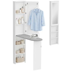Mueble de Plancha con Espejo, Tabla de Planchar Plegable, Mueble Planchador con 6 Compartimentos, 2 Ganchos, para Espacios Reducidos, 107x35x174 cm, Blanco