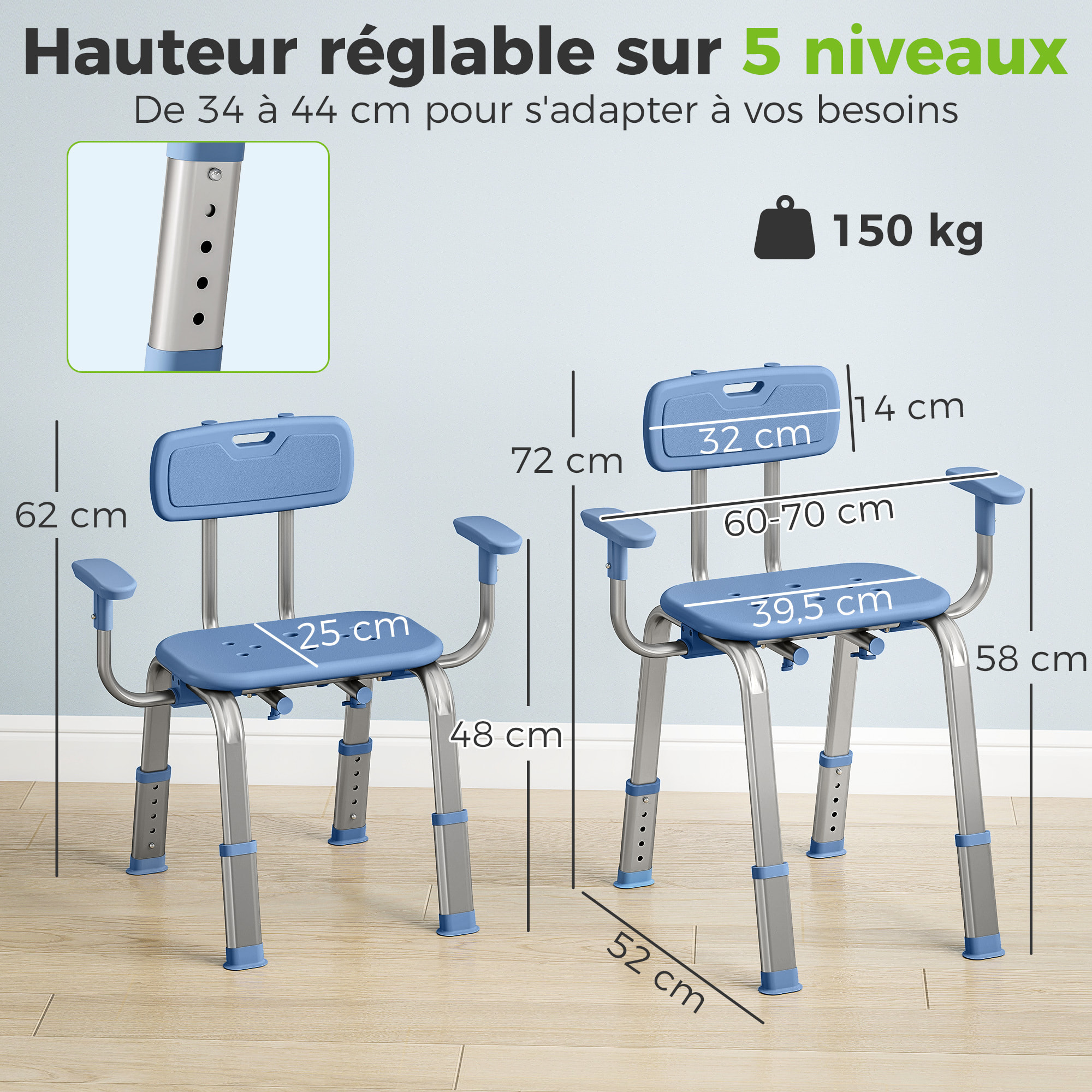 Chaise de douche réglable avec accoudoirs dossier alu HDPE bleu