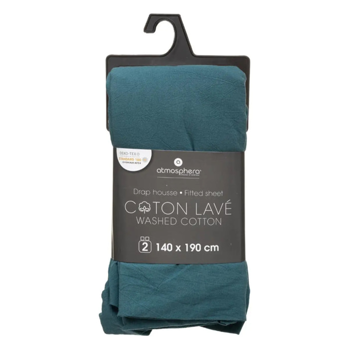 Drap-housse en coton lavé - bleu canard 140x190 cm