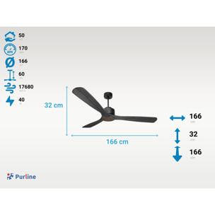Ventilateur de Plafond ø166 cm avec Wifi Réversible Hypersilence pour 50 m² 40 W Noir