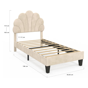 Lit simple Amalia tête de lit coquillage 90x190cm velours beige