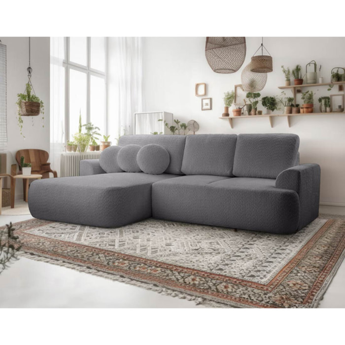 Candela - canapé d'angle gauche 4 places - convertible avec coffre - en tissu bouclette - Gris foncé