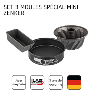 Set de 3 mini moules à cake 15 cm, charnière 16 cm et kouglof 18 cm Zenker Spécial Mini