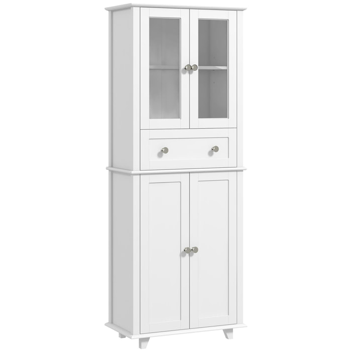 Alacena de Cocina Despensa Armario de Cocina con 2 Puertas de Vidrio Templado Cajón y Estantes Ajustables Aparador para Comedor 61x35x168,5 cm Blanco