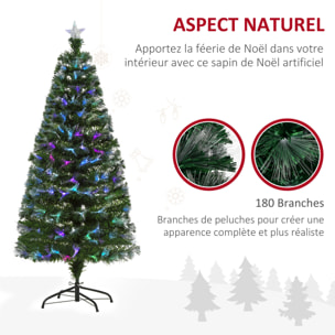 Sapin de Noël artificiel lumineux fibre optique LED multicolore + support pied Ø 74 x 150H cm 180 branches étoile sommet brillante vert