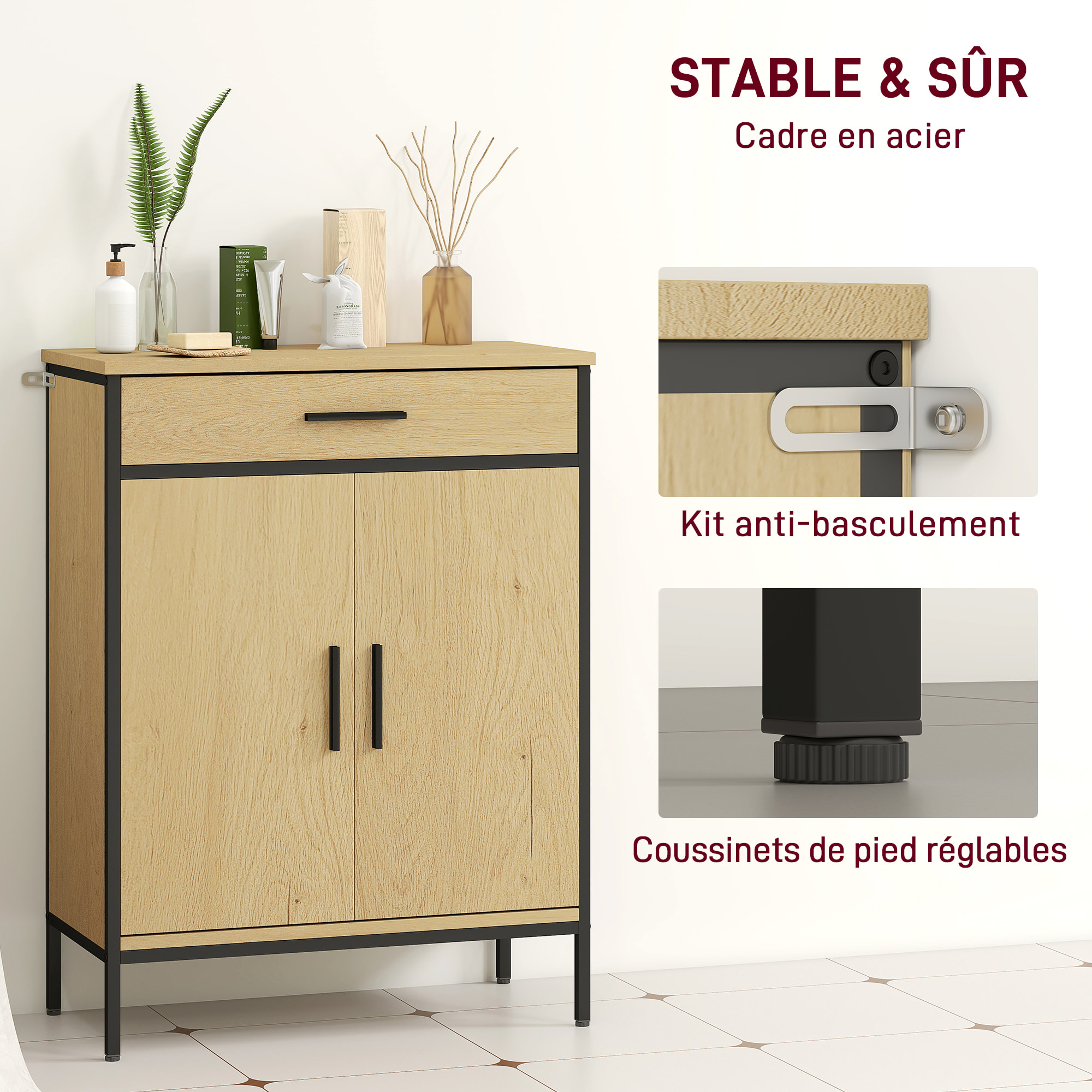 Meuble bas de salle de bain métal bois style industriel - buffet 2 portes étagère tiroir - dim. 60 x 30 x 80 cm