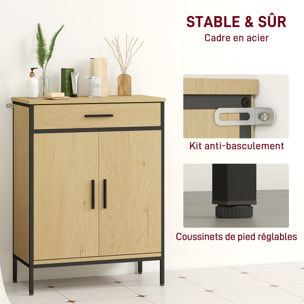 Meuble bas de salle de bain métal bois style industriel - buffet 2 portes étagère tiroir - dim. 60 x 30 x 80 cm