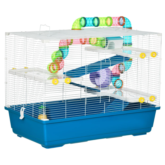 Grande cage à hamsters 4 niveaux - tunnels, abreuvoir, mangeoire, roue, maisonnette, échelles - dim. 79L x 46l x 60H cm - métal PP bleu blanc
