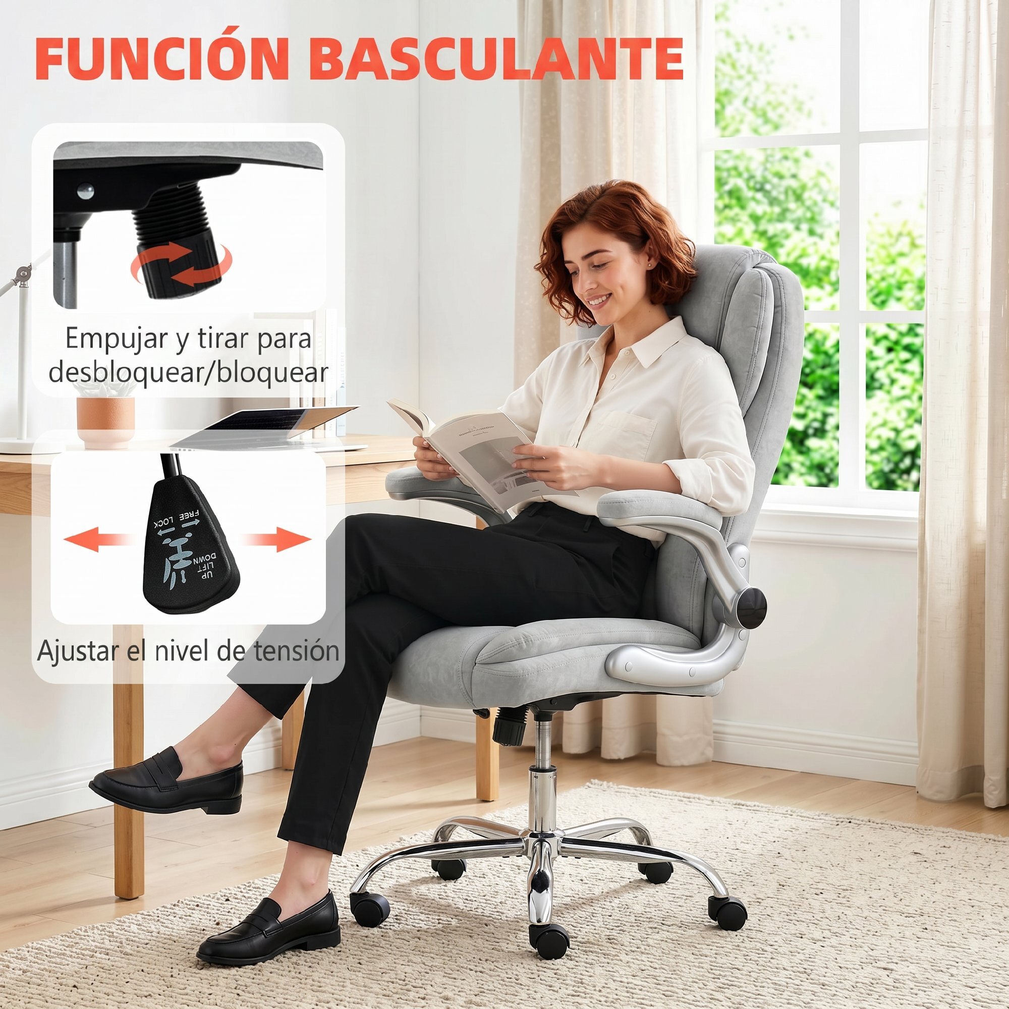 Silla de escritorio Ergonómica, Silla de Oficina con Respaldo Alto, Reposabrazos Abatibles, Asiento con Muelles, Altura Ajustable, Función Basculante, Tapizado en Terciopelo, Crema