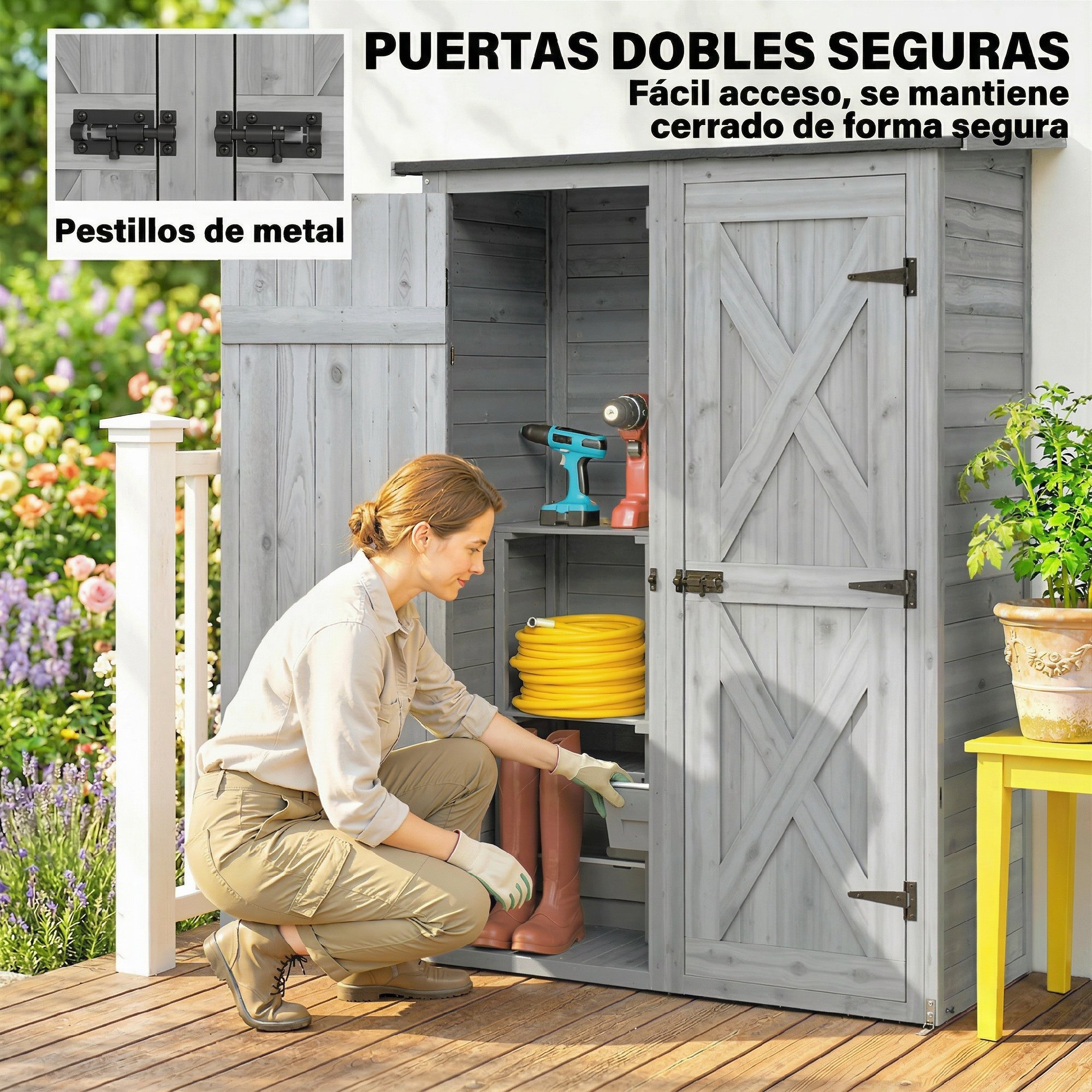 Caseta de Jardín de Madera 115x53x156 cm, Cobertizo Jardín Exterior, Armario Exterior para Herramientas con Puertas Dobles con Pestillo, 2 Estantes y Techo Inclinado, Resistente, Gris
